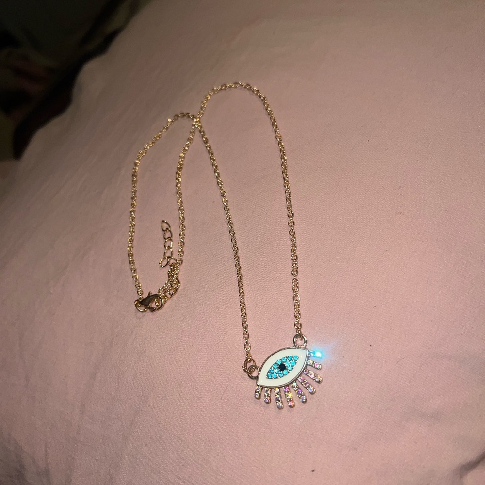 Gold Evil Eye Necklace with Blue Accents